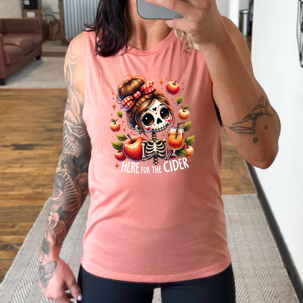 model wearing the peach "Here For The Cider" Muscle Tank