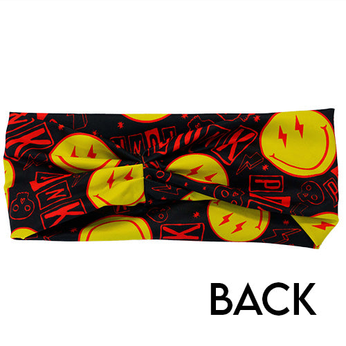 back of smiley face punk rock themed headband