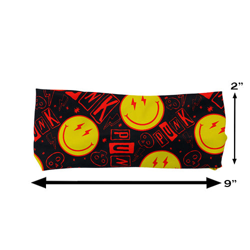 smiley face punk rock themed headband measured at 2 by 9 inches