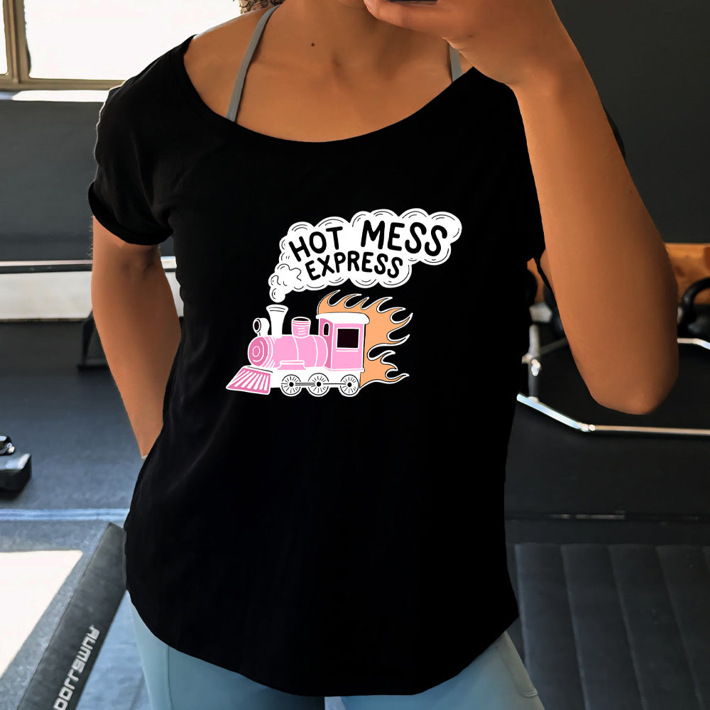 black slouchy shirt with the text "Hot Mess Express" on it