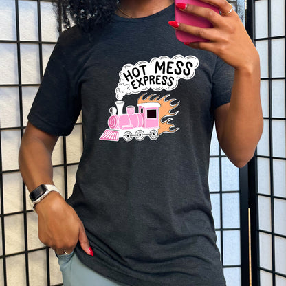 black shirt with the text "Hot Mess Express" on it