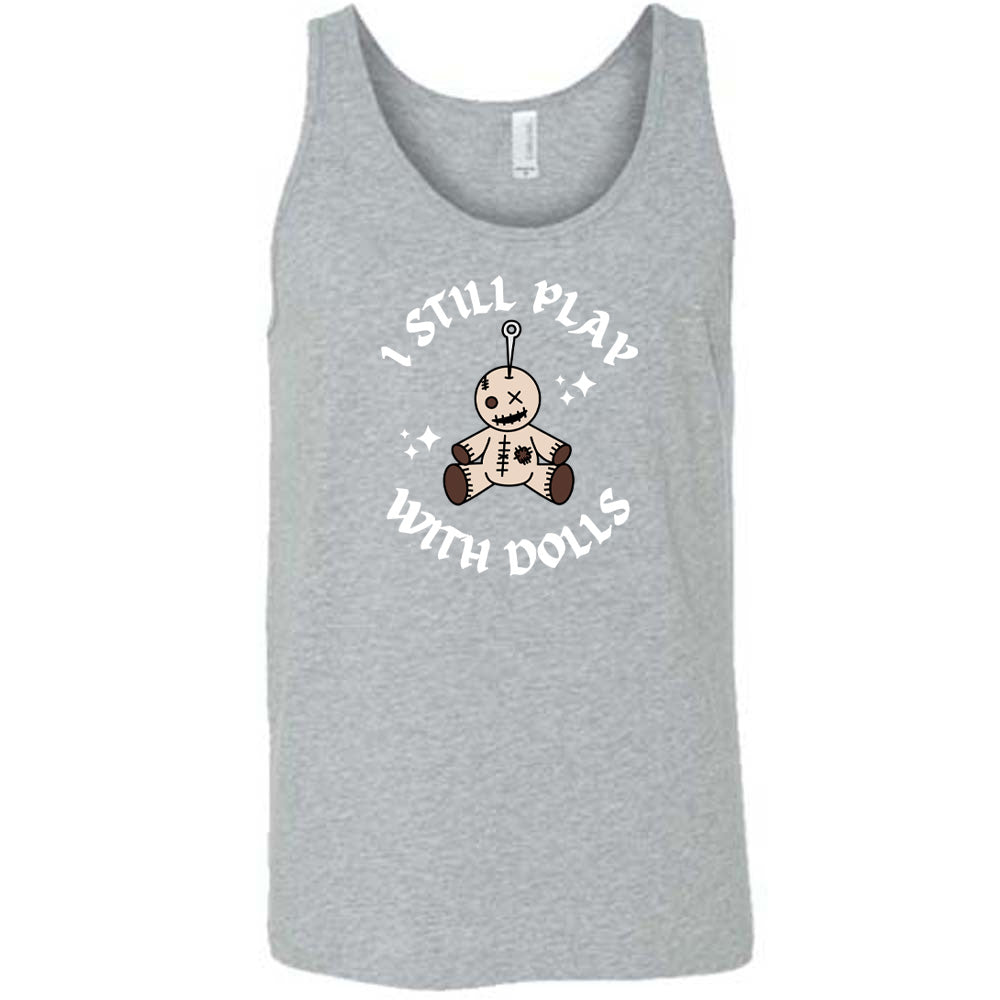 grey shirt that has a voodoo doll graphic and the text "i still play with dolls" on it