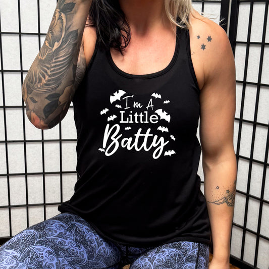 model wearing the black "I'm A Little Batty" Shirt