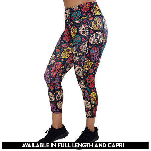 sugar skull patterned leggings available in capri and full length