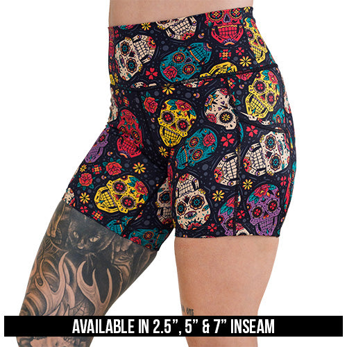 sugar skull patterned shorts available in 2.5, 5 and 7 inch inseams