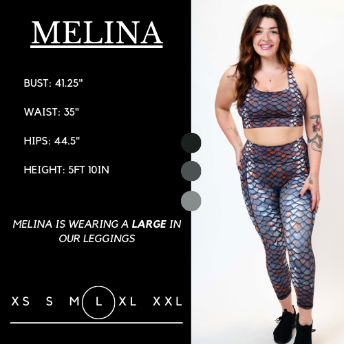 Model’s measurements of 41.25” bust, 35” waist, 44.5” hips and height of 5 ft 10 inches. She is wearing a size large in our leggings