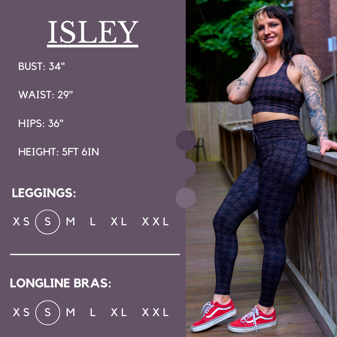 Model’s measurements of 34” bust, 29” waist, 36” hips and height of 5 ft 6 inches. She is wearing a size small in our leggings