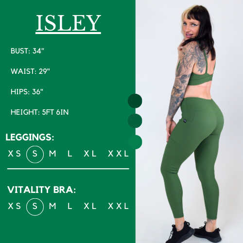 Model’s measurements of 34” bust, 29” waist, 36” hips and height of 5 ft 6 inches. She is wearing a size small in our leggings