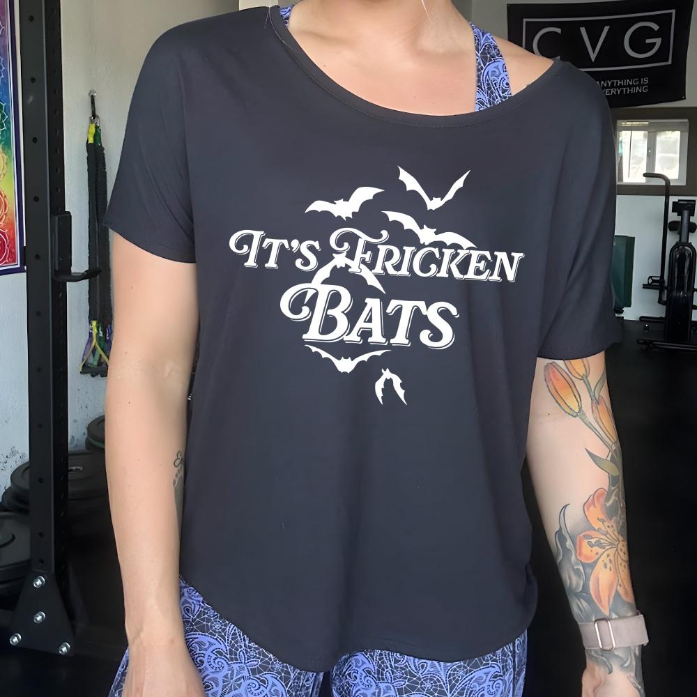 model wearing the "It's Fricken Bats" slouchy shirt