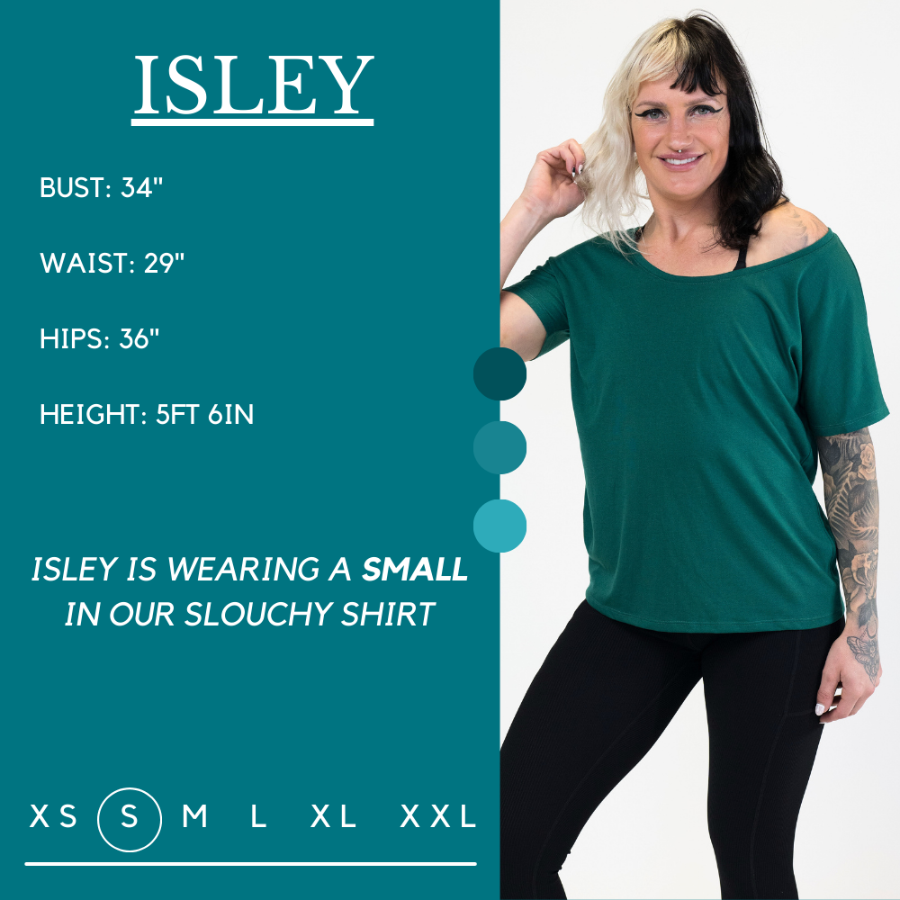 Model’s measurements of 34” bust, 29” waist, 36” hips and height of 5 ft 6 in. She is wearing a size small in our slouchy tee