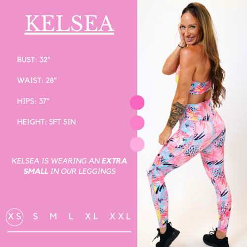 Model’s measurements of 32” bust, 28” waist, 37” hips and height of 5 ft 5 inches. She is wearing a size extra small in our leggings