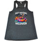 grey shirt with a colorful skeleton graphic in the center with the quote "Just Waiting For Halloween" on it