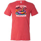 red shirt with a colorful skeleton graphic in the center with the quote "Just Waiting For Halloween" on it