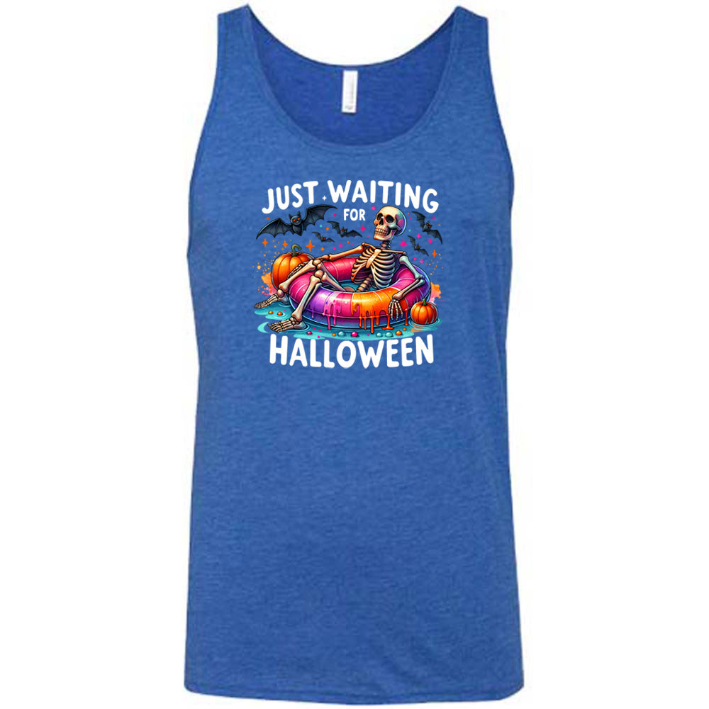 blue shirt with a colorful skeleton graphic in the center with the quote "Just Waiting For Halloween" on it