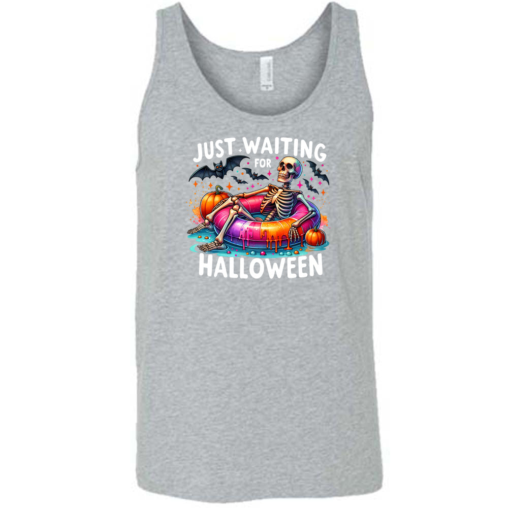 grey shirt with a colorful skeleton graphic in the center with the quote "Just Waiting For Halloween" on it