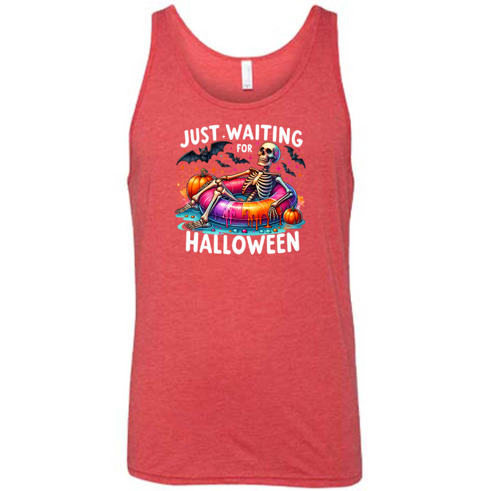 red shirt with a colorful skeleton graphic in the center with the quote "Just Waiting For Halloween" on it