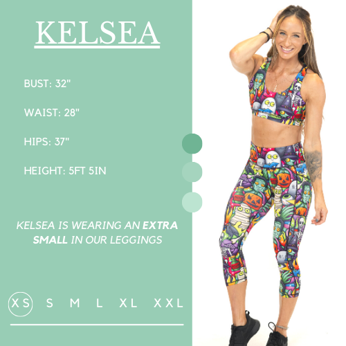 Model's measurements of 32 inch bust, 28 inch waist, 37 inch hips, and height of 5 foot 5 inches. She is wearing a size extra small in these leggings.