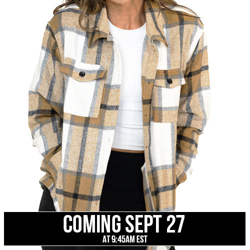 brown and white plaid shacket coming soon