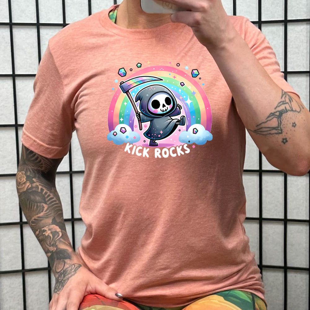 peach shirt with the text "kick rocks" on it