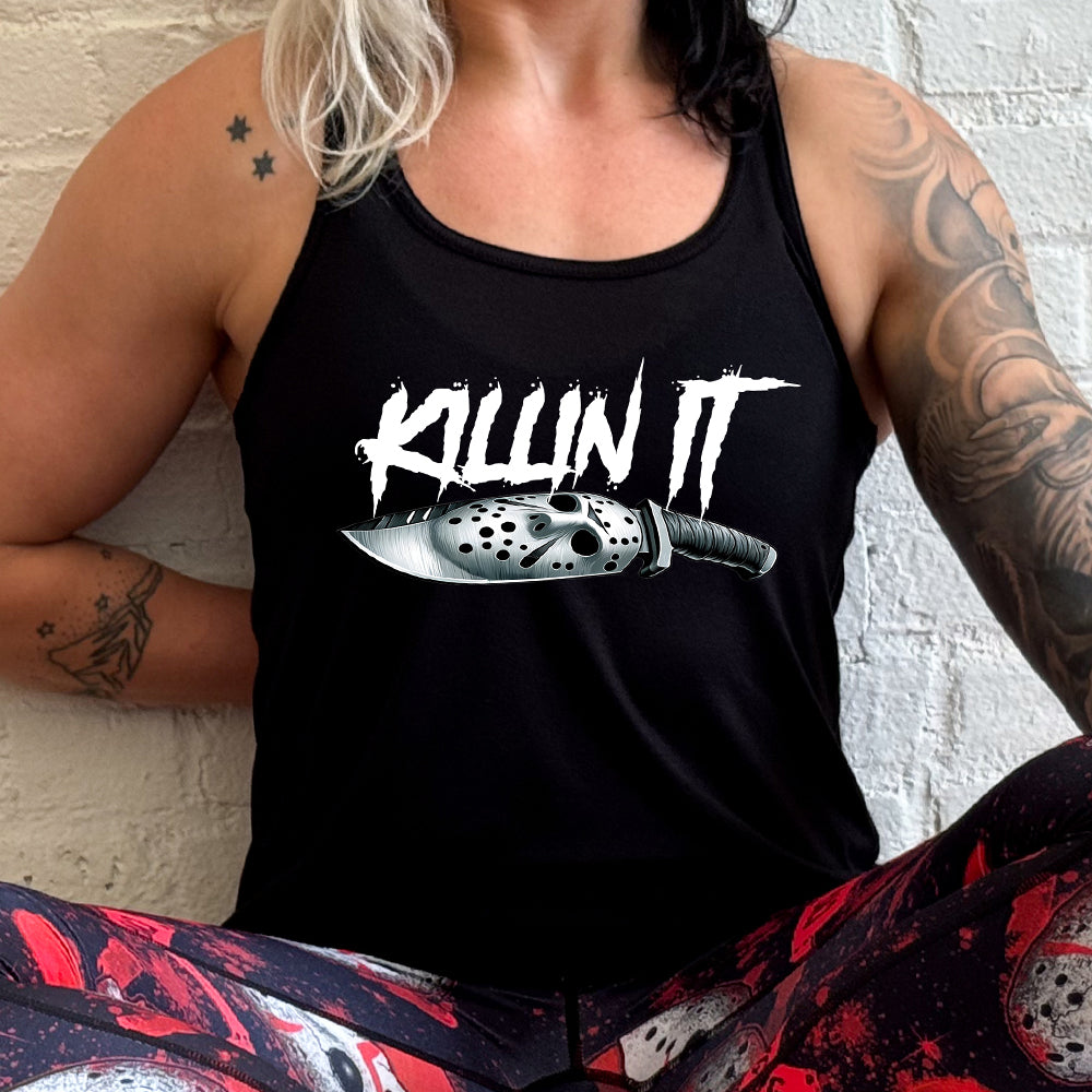 model wearing the black "Slasher Killin It" shirt