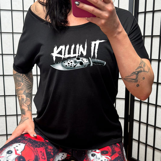 model wearing the black "Slasher Killin It" slouchy shirt