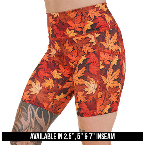 fall leaves patterned shorts available inseams