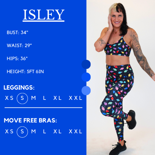 Model’s measurements of 34” bust, 29” waist, 36” hips and height of 5 ft 6 inches. She is wearing a size small in our leggings