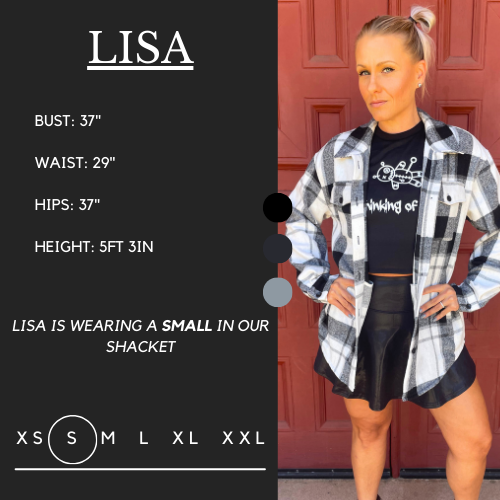 Model’s measurements of 37” bust, 29” waist, 37” hips and height of 5 ft 3 inches. She is wearing a size small in our shacket