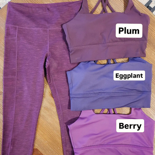 Bra match ups for the Heather Berry Leggings. Bra colors include plum, eggplant, and berry.