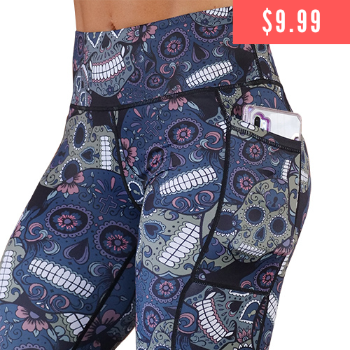 $9.99 blue, pink, grey and white sugar skull print leggings