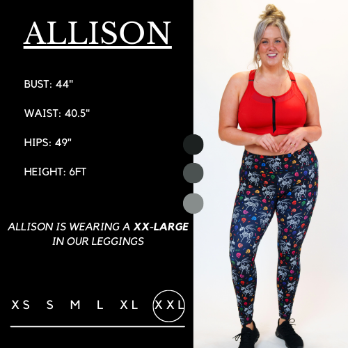 Model's measurements of 44 inch bust, 40.5 inch waist, 49 inch hips, and height of 6 foot. She is wearing a size xx-large in our leggings