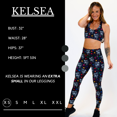 Model’s measurements of 32” bust, 28” waist, 37” hips and height of 5 ft 5 inches. She is wearing a size extra small in our leggings