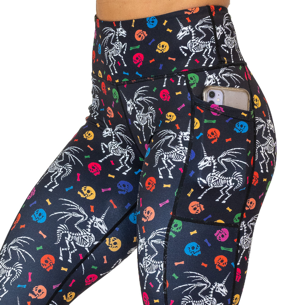 side pocket on the unicorn skeleton and skulls pattern leggings