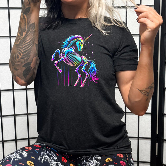 black shirt with a colorful unicorn graphic in the middle selfie