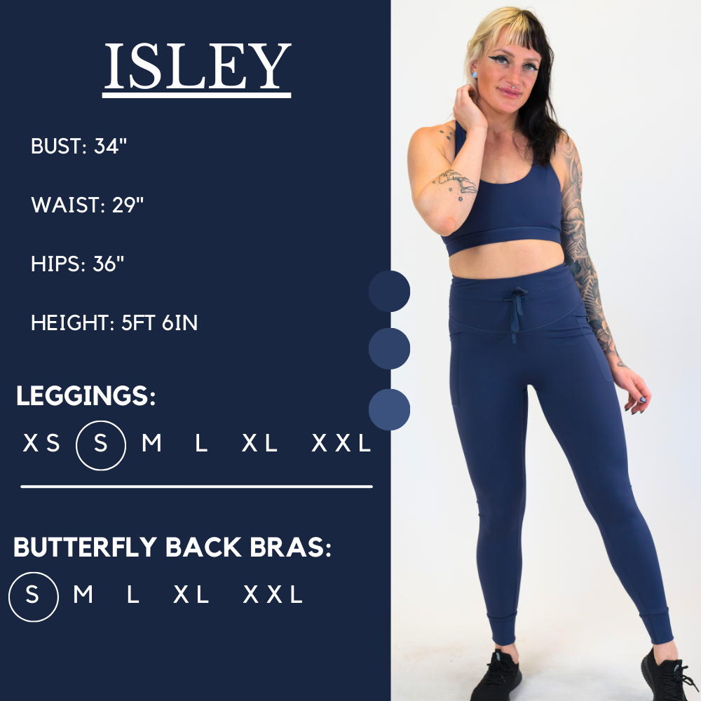 Model’s measurements of 34” bust, 29” waist, 36” hips and height of 5 ft 6 inches. She is wearing a size small in our leggings