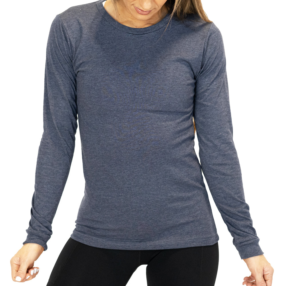 model wearing the Heather Navy Long Sleeve Tee