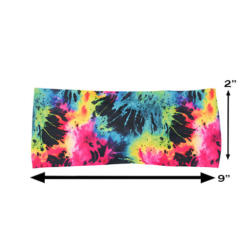 neon colorful tie dye headband measured at 2 by 9 inches