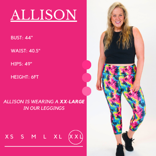 Model's measurements of 44 inch bust, 40.5 inch waist, 49 inch hips, and height of 6 foot. She is wearing a size xx-large in our leggings