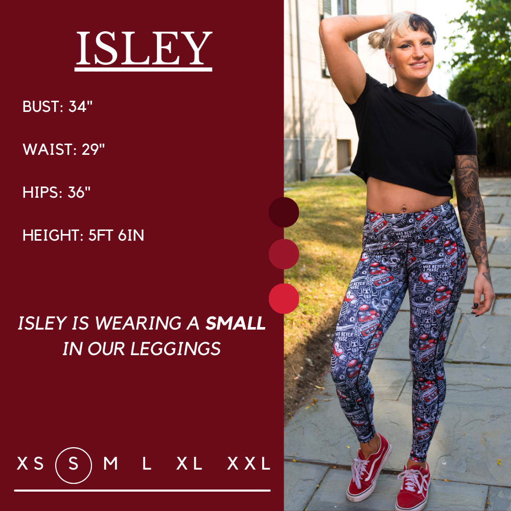 Model’s measurements of 34” bust, 29” waist, 36” hips and height of 5 ft 6 inches. She is wearing a size small in our leggings