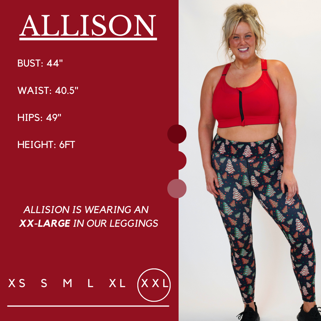 Model’s measurements of 44” bust, 40.5” waist, 49” hips and height of 6 ft. She is wearing a size xx-large in our leggings