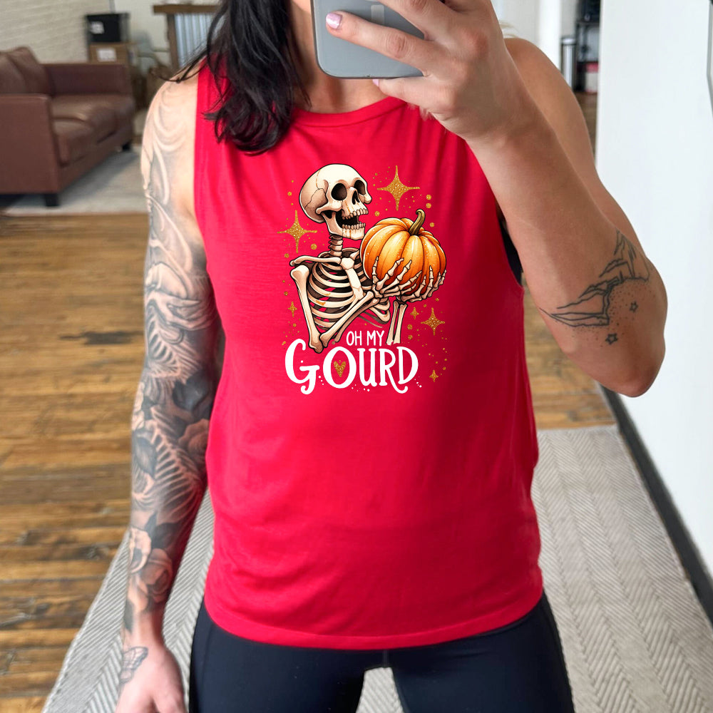 red shirt with a skeleton holding a pumpkin graphic on it