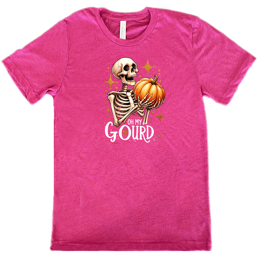 berry colored shirt with a skeleton holding a pumpkin graphic on it