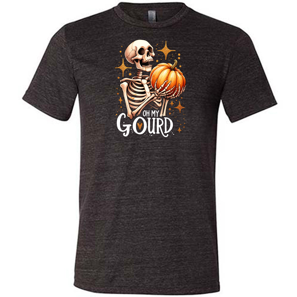 black colored shirt with a skeleton holding a pumpkin graphic on it