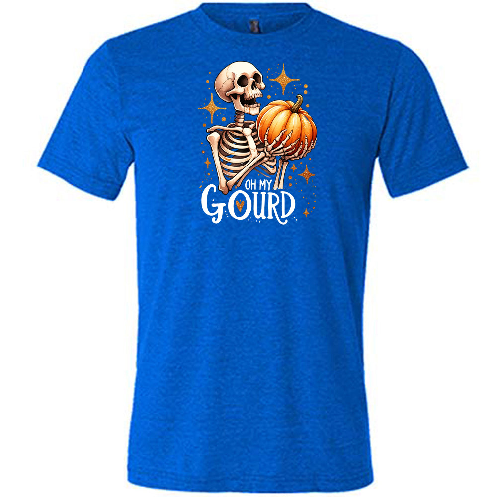 blue colored shirt with a skeleton holding a pumpkin graphic on it