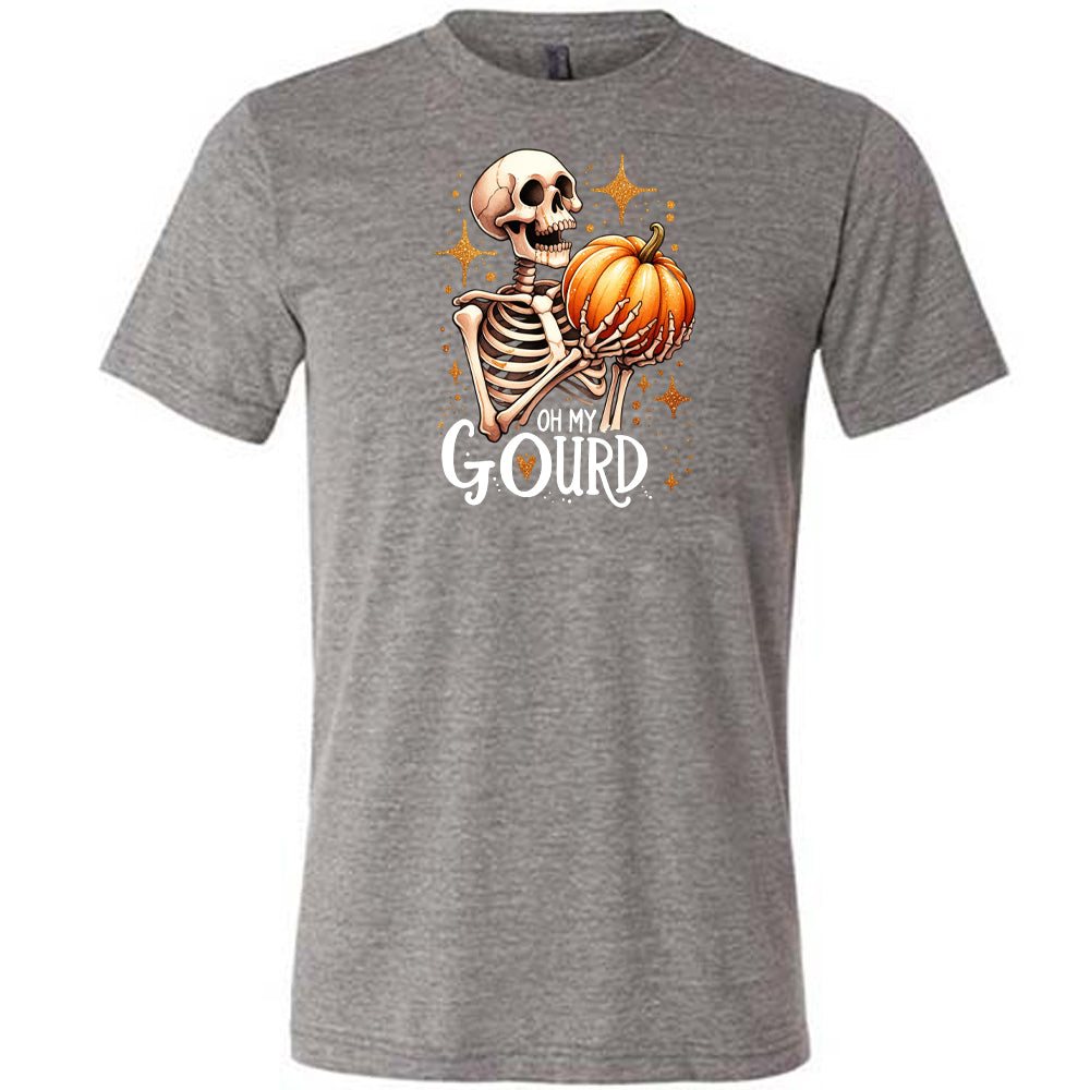 grey colored shirt with a skeleton holding a pumpkin graphic on it