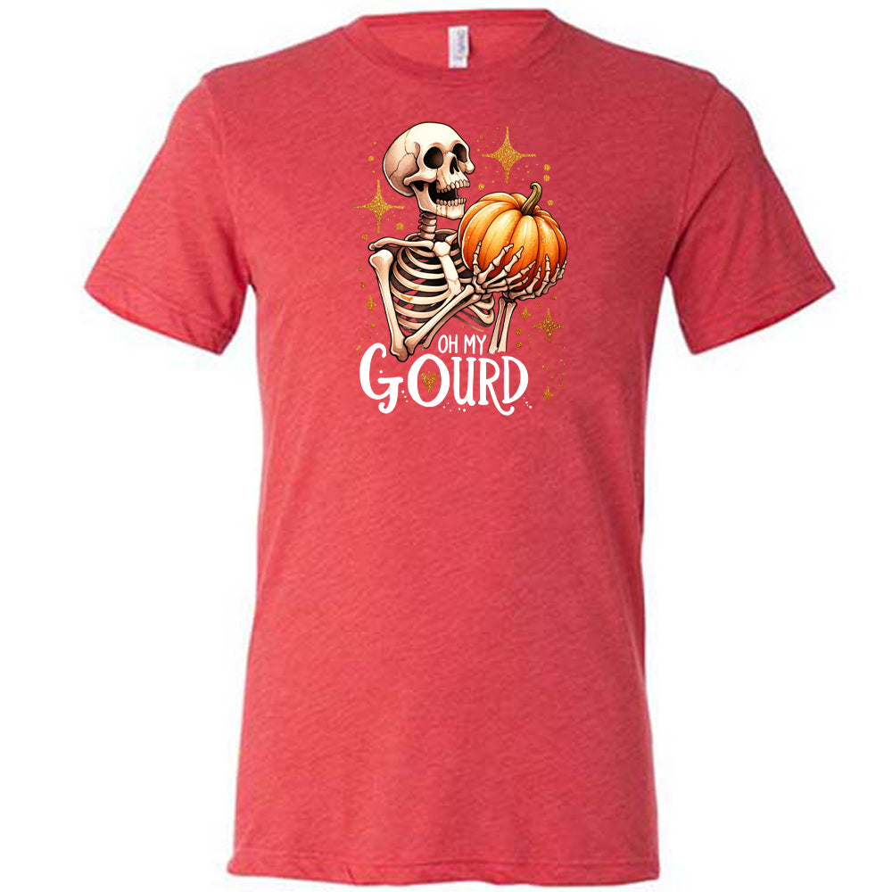 red colored shirt with a skeleton holding a pumpkin graphic on it