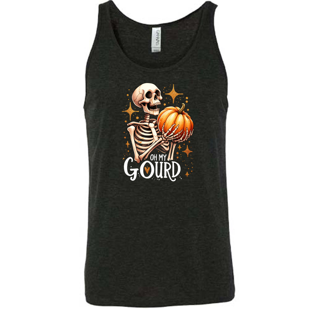 black colored shirt with a skeleton holding a pumpkin graphic on it