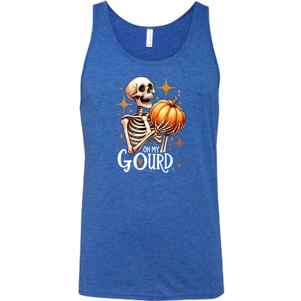 blue colored shirt with a skeleton holding a pumpkin graphic on it