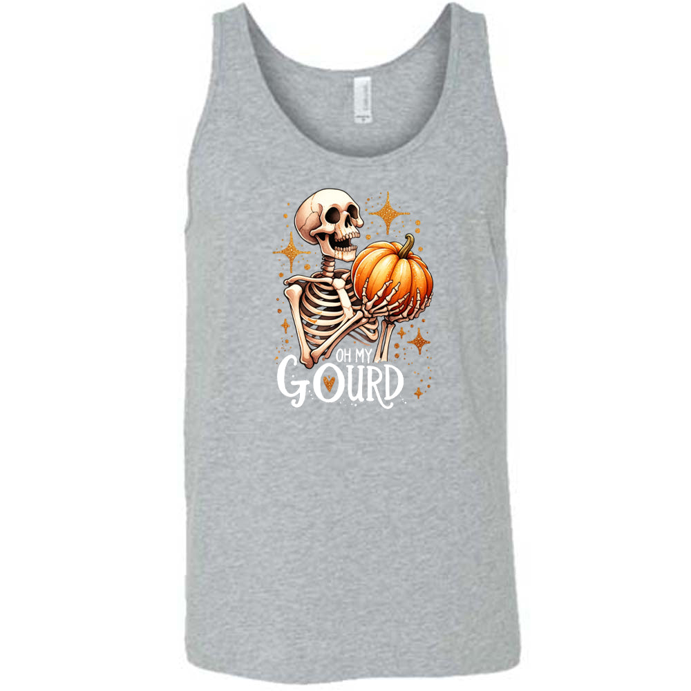 grey colored shirt with a skeleton holding a pumpkin graphic on it