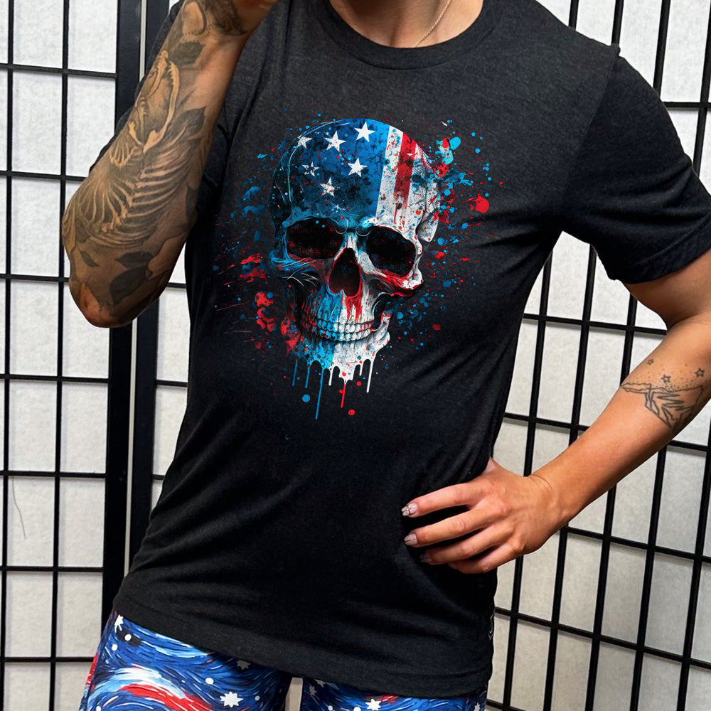 model wearing the Paint Splatter Flag Skull black tee shirt